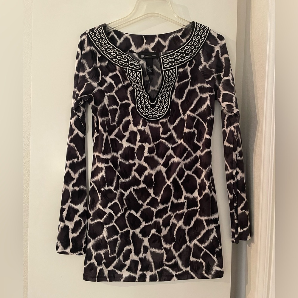 INC Swimsuit Long Sleeve Cover Up Tunic Top Black/White Animal Print